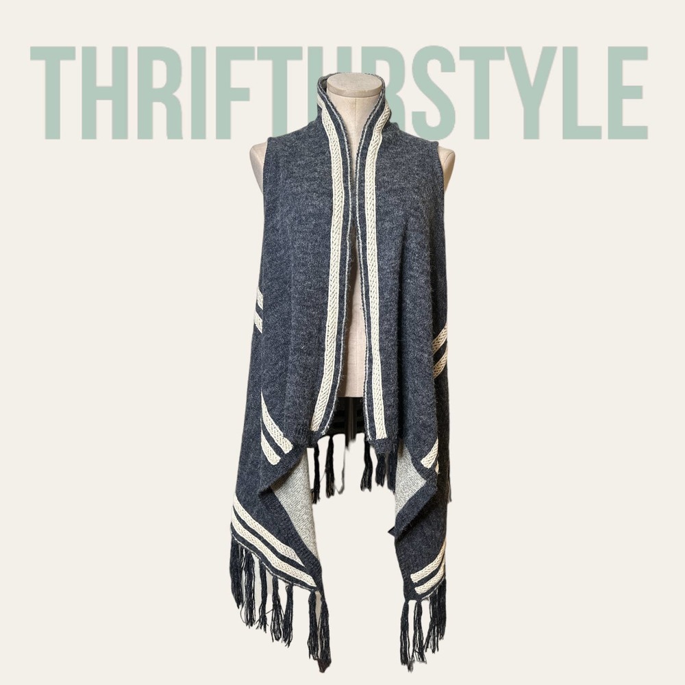 Sleeveless Cardigan Vest Sweater‎ Duster Fringe Trim Open Front Shawl Blue White